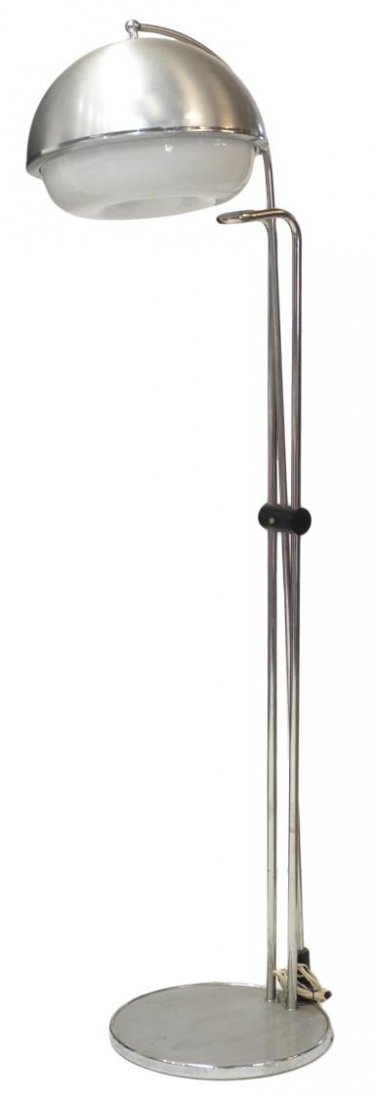 ITALIAN FILVEM-VOGHERA 'GIRAFFE' STANDING LAMP: Italian modern adjustable floor lamp, 'Giraffe', design by Filvem-Voghera, c. 1960's / 70's, chromed metal on a weighted circular base, arched light in metal with plastic shade, surface wear, in need 