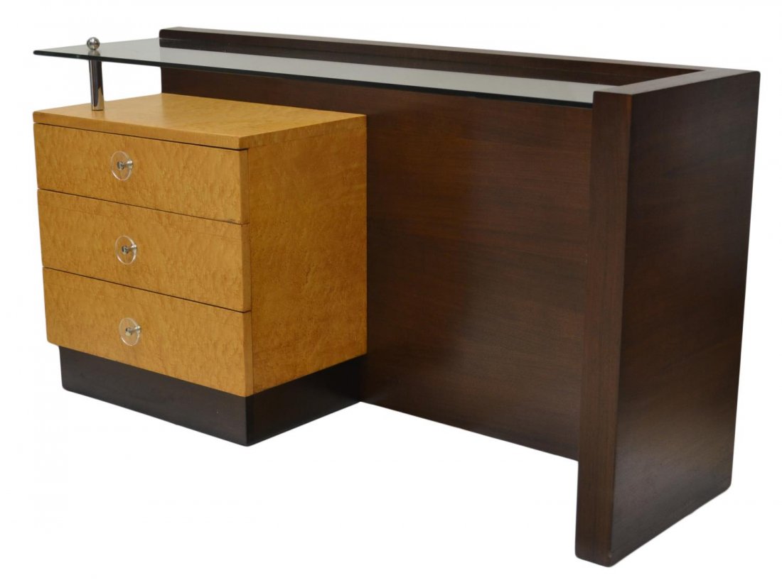 MID-CENTURY MODERN VANITY, ROHDE FOR HERMAN MILLER: Mid-century modern birdseye maple vanity, design by Gilbert Rohde (American 1894-1944) for Herman Miller, Zeeland, Michigan, unmarked, attributed, the three drawers surmounted by rectangular glass top