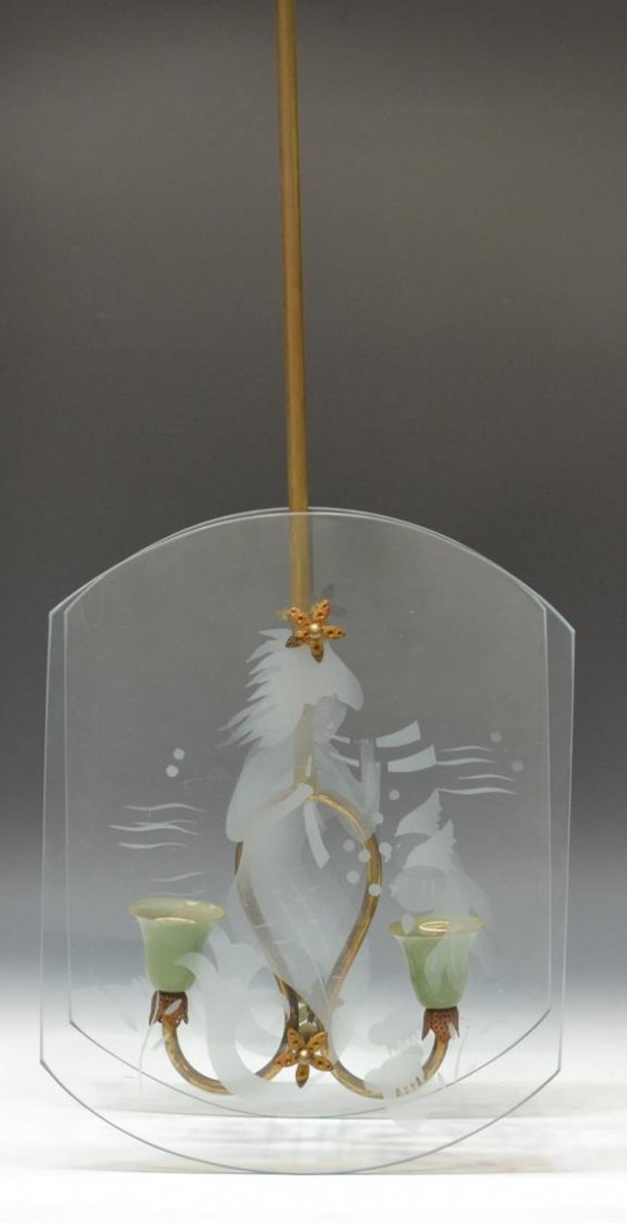 ITALIAN CRISTAL ART ETCHED GLASS CEILING LIGHT: Italian Cristal Art two-light hanging lamp, c. 1940, gilt metal standard terminating in two scrolled arms with pale green cups, cased between two panes of glass with etched design of mermaids and fish