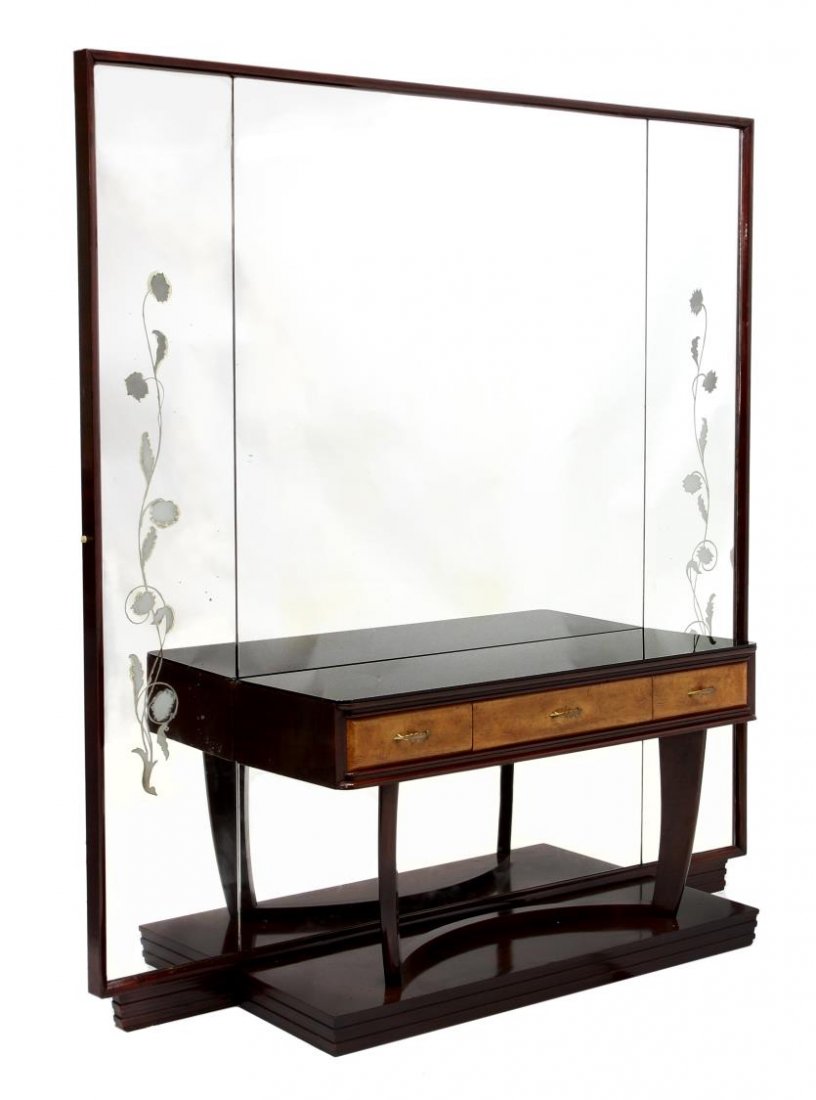 (2) MID-CENTURY MODERN CONSOLE TABLE & MIRROR: (lot of 2) Mid-century modern console table and mirror, Italy, c. 1950's, a three panel floor length mirror with floral decoration set behind a black glass top set on the table, housing three contrast