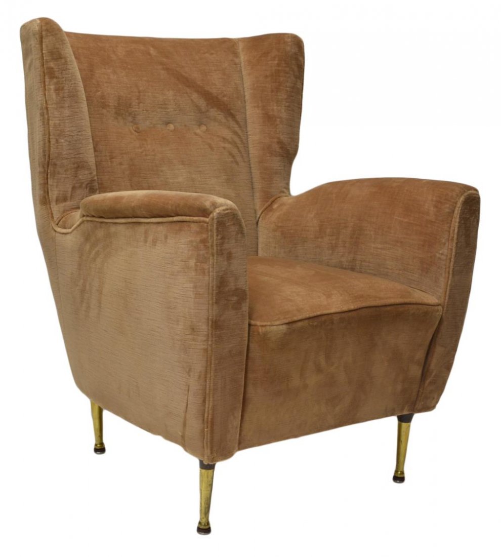 ITALIAN MID-CENTURY LOUNGE CHAIR, PAOLO BUFFA: Italian mid-century modern lounge chair, attributed to Paolo Buffa (Italian, 1903-1970), c. 1950's / 60's, wingback centering three buttons, tan upholstery, raised on cylindrical legs of tapered form,