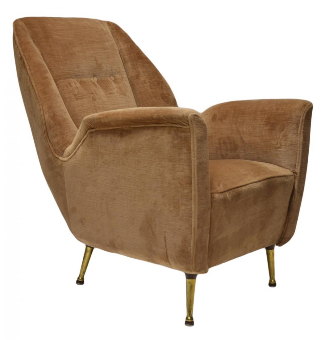 ITALIAN MID-CENTURY LOUNGE CHAIR, PAOLO BUFFA: Italian mid-century modern lounge chair, attributed to Paolo Buffa (Italian, 1903-1970), c. 1950's / 60's, reclined back centering three buttons, tan upholstery, raised on cylindrical legs of tapered