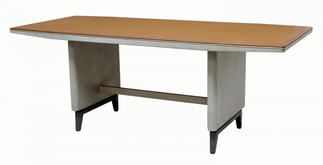 ITALIAN MODERN INDUSTRIAL LEATHER TOP WORK TABLE: Italian modern industrial design desk or work table, c. 1940, the shaped leather top with two steel pedestal supports on angular steel legs, 31.75"h, 82.75"w, 35.5"d Start Price: $500.00