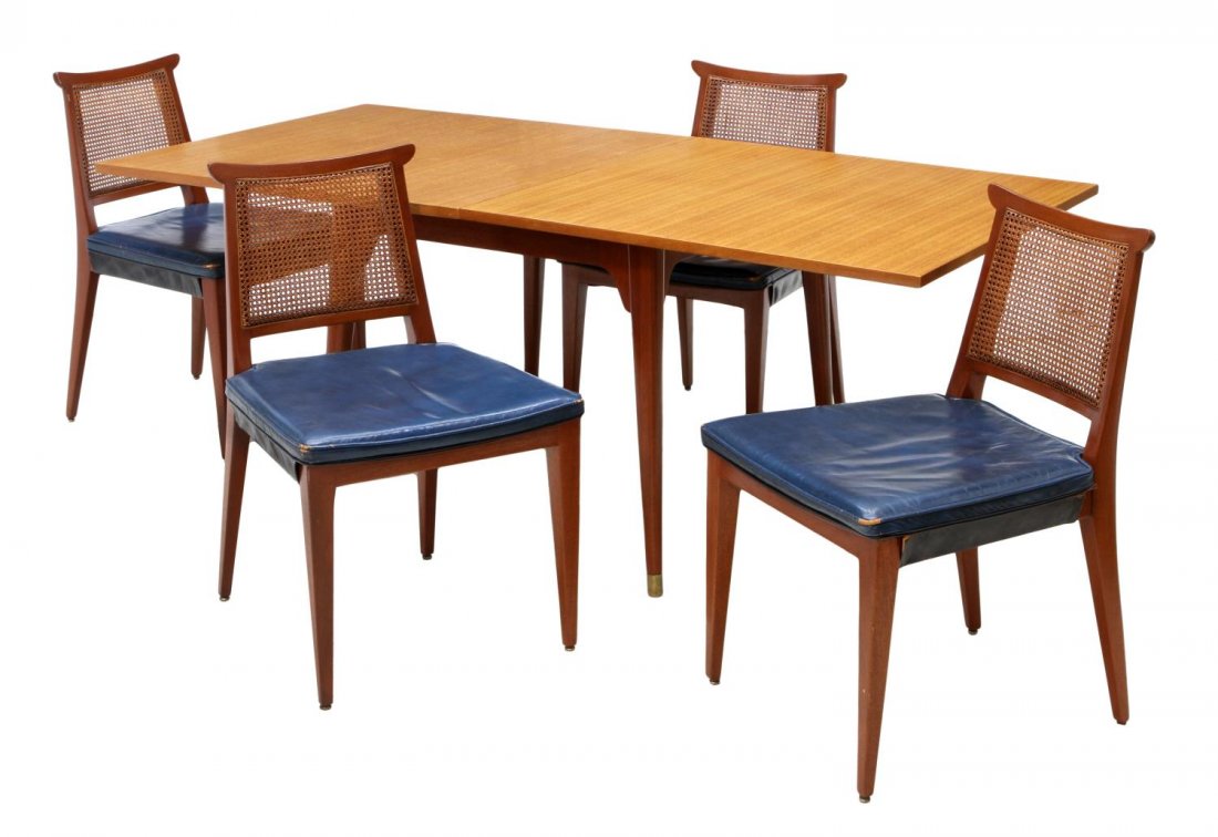 (5) MID-CENTURY GAME TABLE & CHAIRS, DUNBAR: (set of 5) Mid-century modern games suite, comprising a table and chairs, design by Edward Wormley (American, 1907-1995) for Dunbar, Berne, Indiana: (1) mahogany table, rotating and unfolding top reve