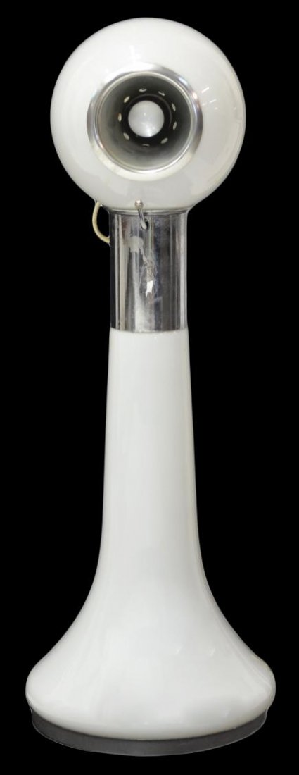 ITALIAN MID-CENTURY MODERN GLASS STANDING LAMP: Italian design mid-century modern metal and glass floor lamp, c. 1970, white glass globular form shade raised on conforming base with chrome colored banding, detachable shade, in need of wiring, chrom