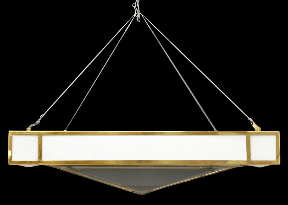 HARRY GITLIN TETRAHEDRON CHANDELIER: Modern chandelier by Harry Gitlin Lighting Inc., New York (Harry Gitlin, American, 1914-1986, recipient of Good Design Awards from the Museum of Modern Art), a square form with white glass boxes housi