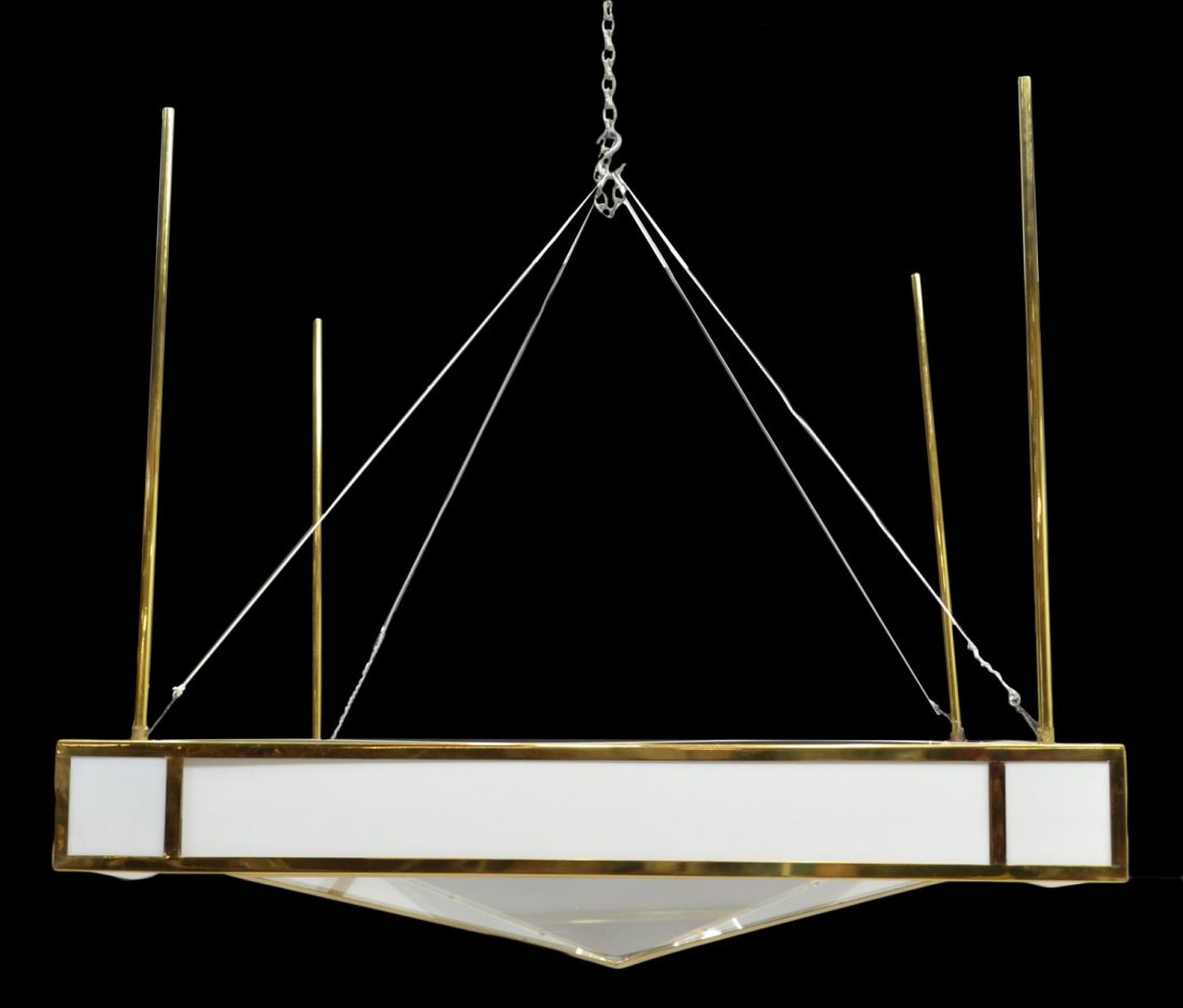 HARRY GITLIN TETRAHEDRON CHANDELIER: Modern chandelier by Harry Gitlin Lighting Inc., New York (Harry Gitlin, American, 1914-1986, recipient of Good Design Awards from the Museum of Modern Art), a square form with white glass boxes housi