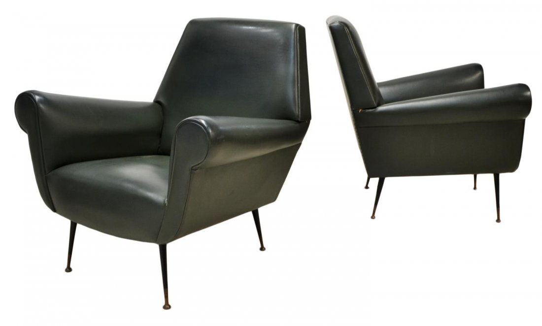 (2) ITALIAN MID-CENTURY MODERN ARM CHAIRS: (pair) Italian mid-century modern arm chairs, design by Ezio Minotti, Lissone, c. 1960, minor tears to fabric, approx 33.5"h, 33.5"w, 28"d Start Price: $500.00