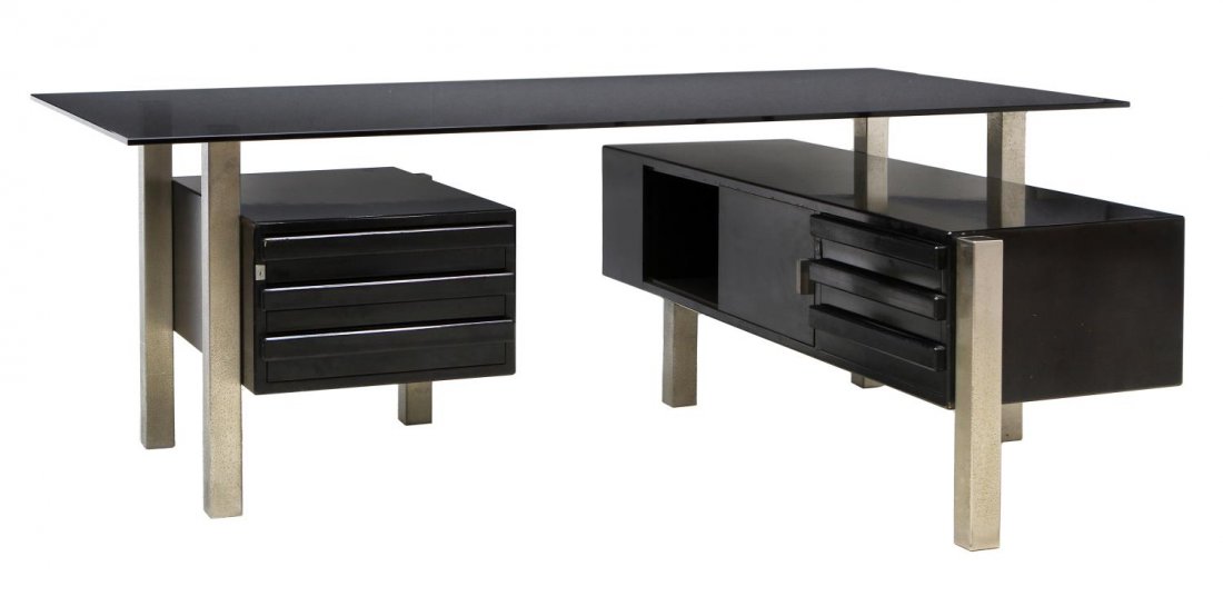 ITALIAN MID-CENTURY MODERN FORMA NOVA DESK: Italian mid-century modern desk, Forma Nova, c. 1970, a glass top resting on chrome supports emanating from two dark rosewood finish detached cabinets, one at lower left with three drawers, the other