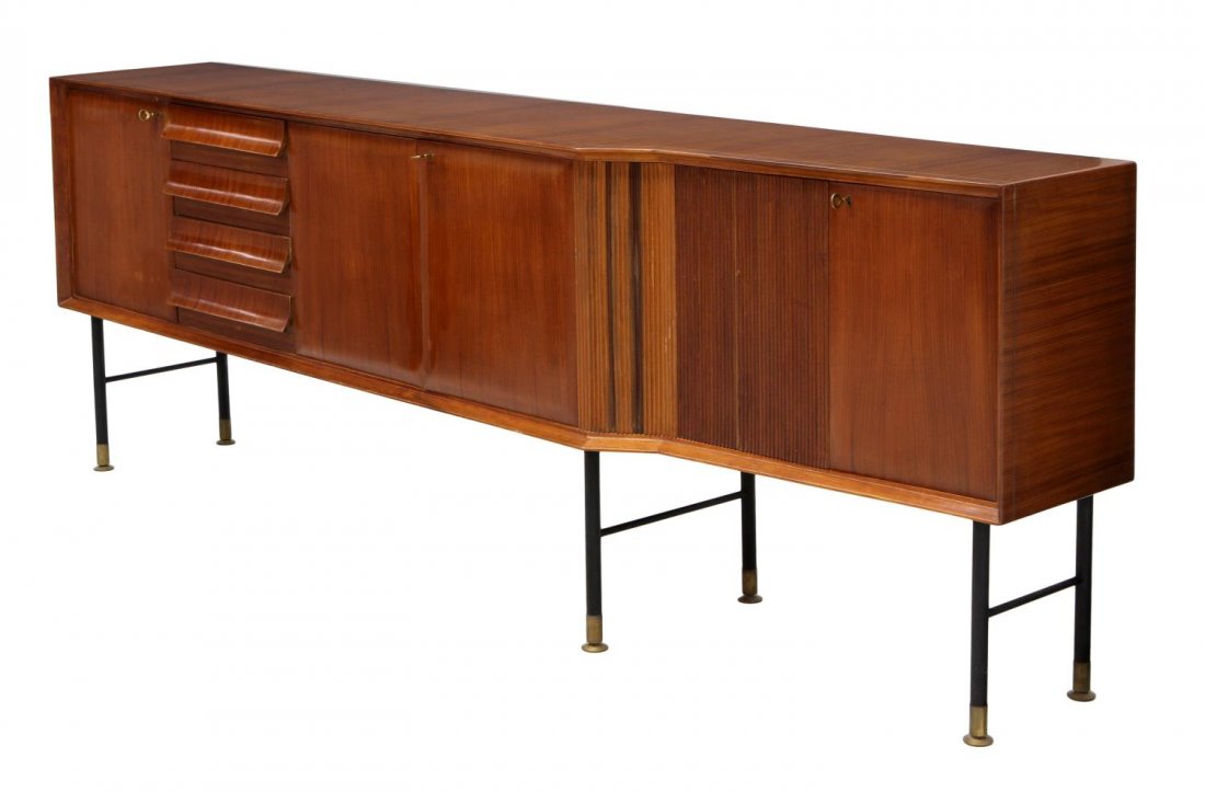 ITALIAN MID-CENTURY ANGULAR TOP SIDEBOARD: Italian mid-century modern sideboard, c. 1950, tag of Virgilio de Angelina, Pescara, an angular top over five drawers and four drawers, raised on steel supports with brass capped feet, 37"h, 103.5"w, 
