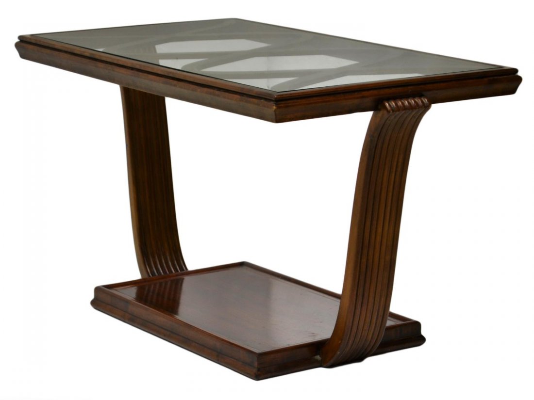 ITALIAN MID-CENTURY COFFEE TABLE, OSVOLDO BORASANI: Italian mid-century modern low table, design by Osvaldo Borsani, c. 1950, a pair curved reeded supports hold the glass top over shaped wood design, all raised on a rosewood plinth base, approx 19"h, 3