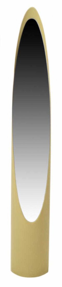 ITALAIN MID-CENTURY MODERN CREAM 'NAIL' MIRROR: Italian mid-century modern standing 'nail' mirror, 1960's, tubular cream plastic form enclosing an oval shaped mirror, some marks, 64.5"h, 9.75"diam (base) Start Price: $150.00