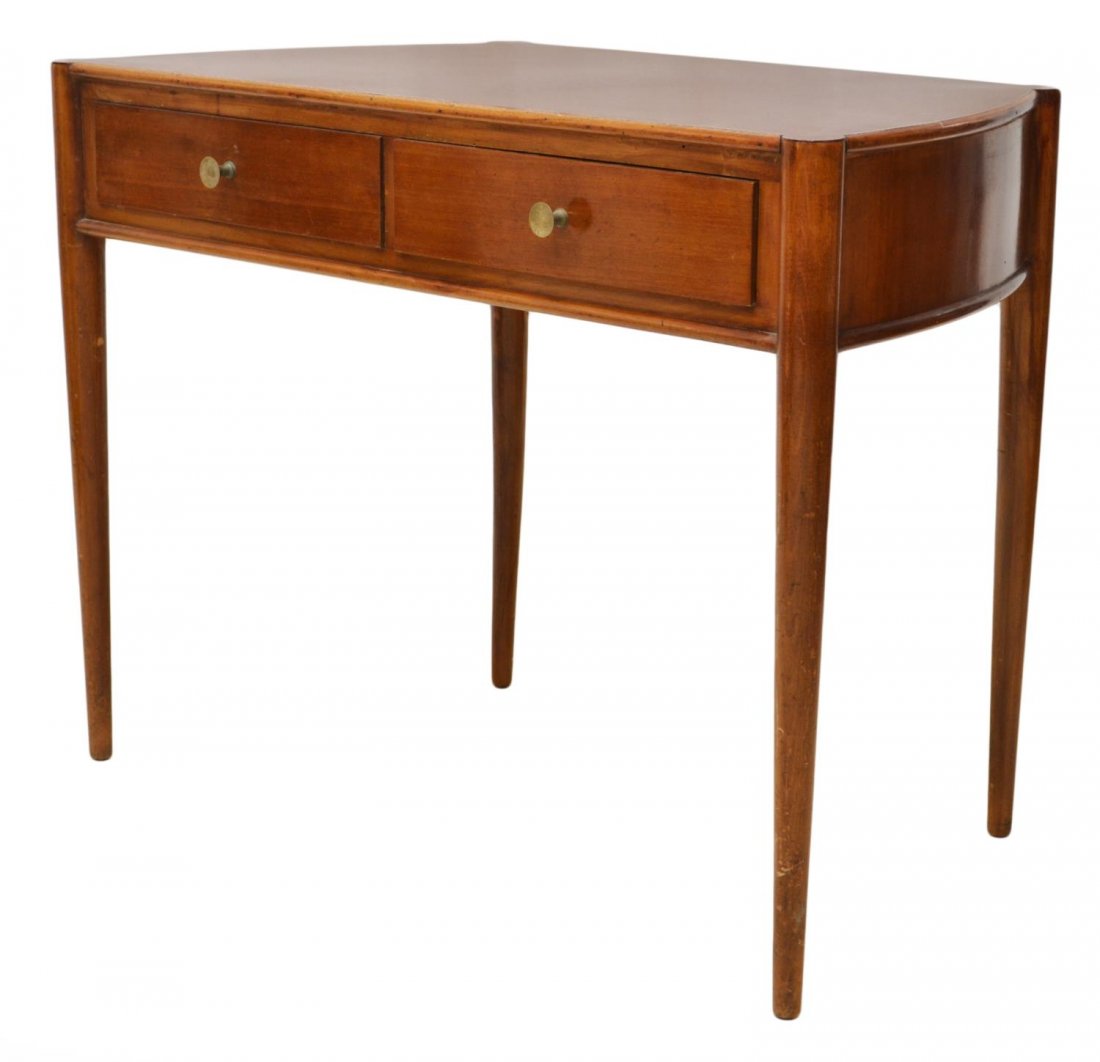 PAOLO BUFFA ITALIAN WORK TABLE: Italian work quadrilateral side table / desk, design by Paolo Buffa (Italian, 1903-1970), a laminate top with two frieze drawers, tapered turned legs, 29"h, 39"w, 21"d Start Price: $100.00
