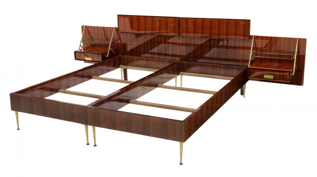 ITALIAN MID-CENTURY MODERN BED, SILVIO CAVATORTA: Italian mid-century modern gloss finish bed with attached night stands, c. 1955, design by Silvio Cavatorta, gloss finish with paneled headboard having attached brass supported single drawer night sta