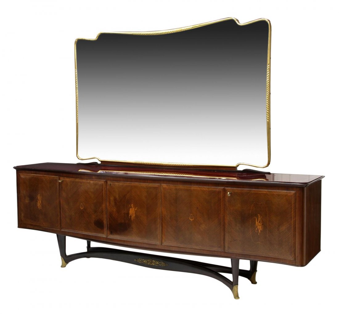 PAOLO BUFFA DESIGN 1950'S MIRRORED SIDEBOARD: Italian modern mirrored sideboard, design by Paolo Buffa (Italian 1903-1970), c. 1950, a gilt framed etched mirror over a glass top, a central drawer opening to fitted drawers, four flanking doors, ra