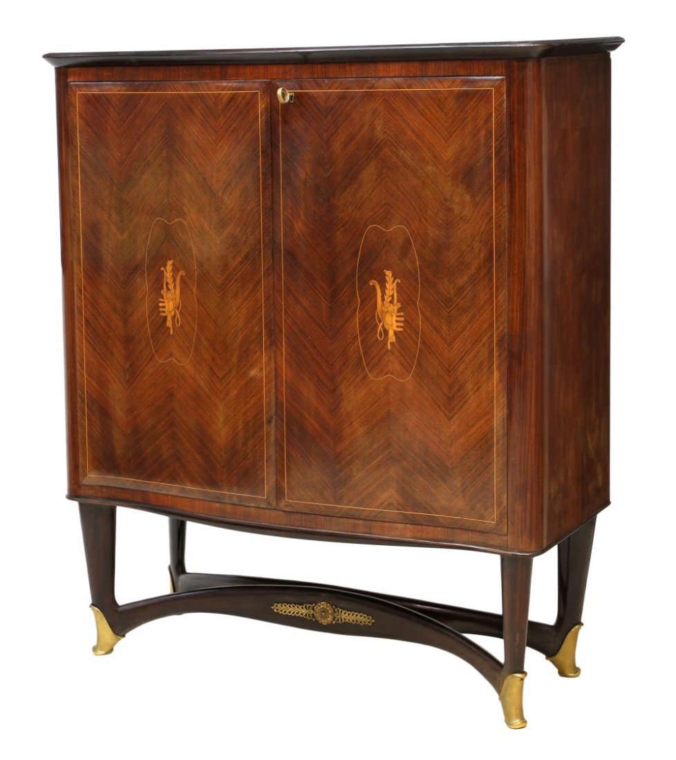 PAOLO BUFFA DESIGN MID-CENTURY MODERN BAR CABINET: Italian mid-century modern bar cabinet, design by design by Paolo Buffa (Italian 1903-1970), a shaped glass top over two inlaid doors opening to fitted mirrored bar with four drawers, raised on stretc