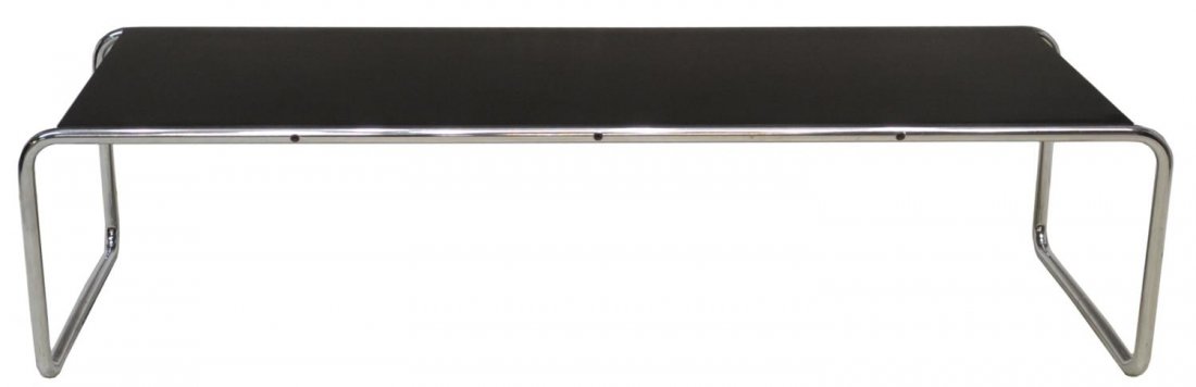 MID-CENTURY LACCIO COFFEE TABLE, BREUER FOR KNOLL: Mid-century 'Laccio' coffee table, design by Marcel Breuer (Hungarian/American, 1902-1981) for Knoll, the rectangular black satin-finished top raised on tubular chromed steel supports, retaining IBM t