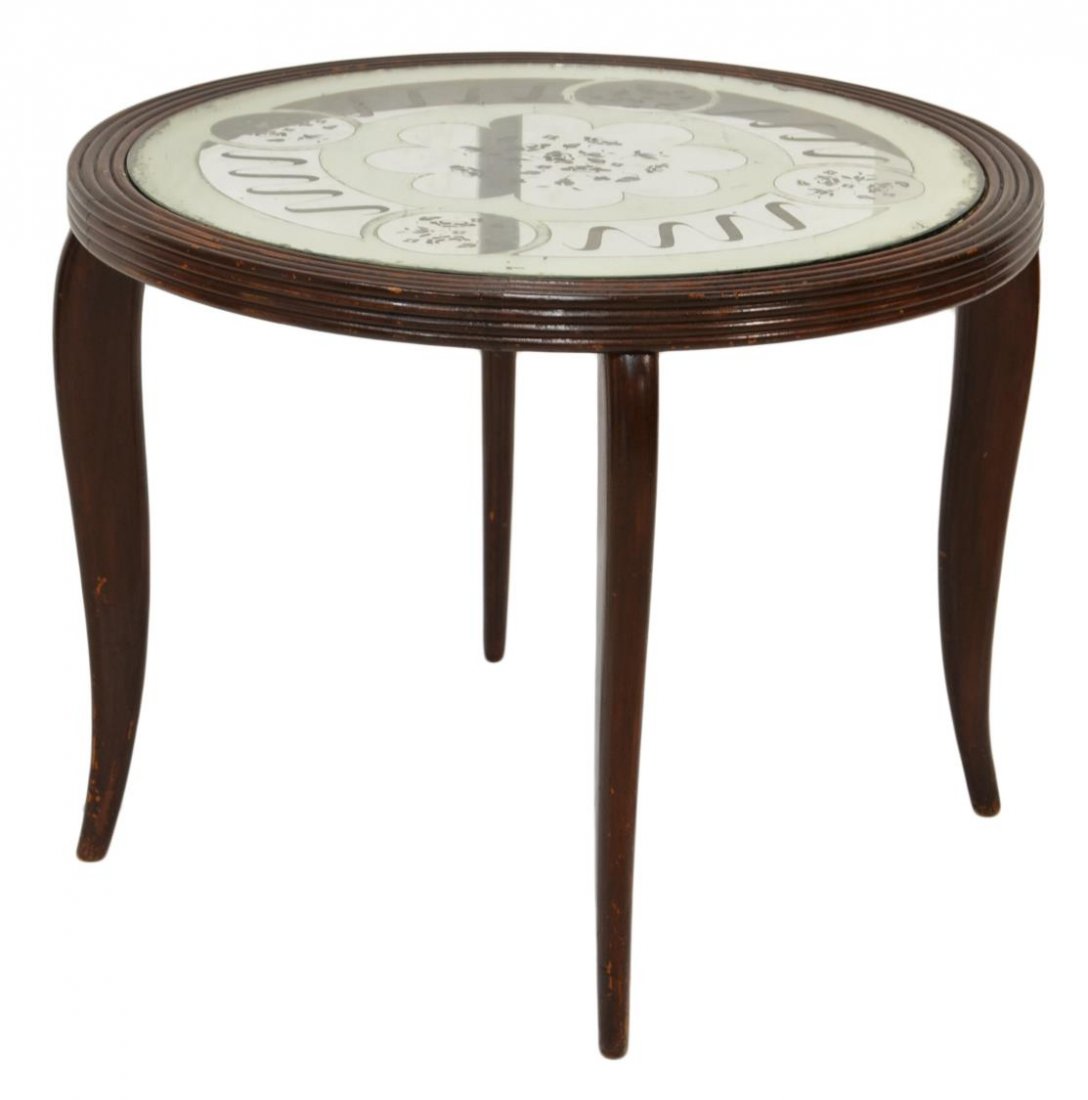 ITALIAN GLASS TOP CIRCULAR TABLE, PIER LUIGI COLLI: Italian glass top sofa table, design by Pier Luigi Colli (1895-1968), the ciruclar glass top with mirrored floral motif, reeded wood frame on curved legs, glass having loss of silver, wear to frame, a