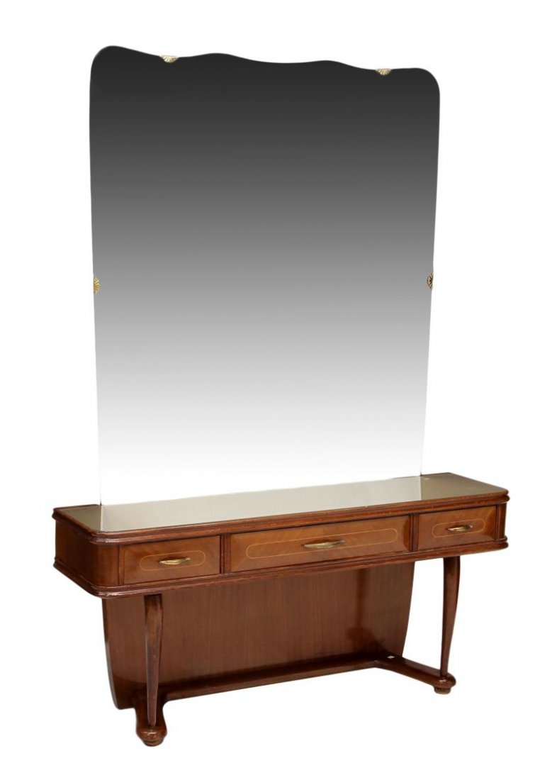 ITALIAN MID-CENTURY MODERN DRESSING TABLE: Italian mid-century modern vanity or dressing table, c. 1950, a shaped mirror over the rectangular glass top table wth three frieze drawers, raised on tapered turned supports with shaped base, 67"h, 4
