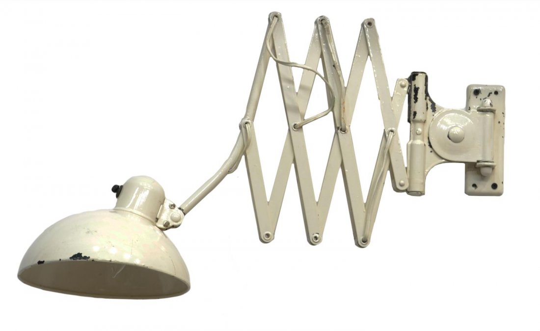 MID-CENTURY MODERN 'SCISSOR' LIGHT, KAISER IDELL: Mid-century modern 'Scissor' wall lamp, design by Christian Dell (German, 1893-1974) for Kaiser Idell, white enameled metal, one-light, enamel loss, approx closed: 19.5"l, open: approx 39.25"l, 4.25lb