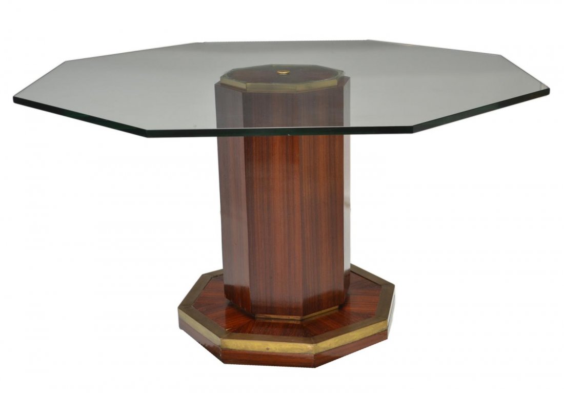 ITALIAN MODERN OCTAGONAL TABLE, WILLY RIZZO DESIGN: Italian modern table, c. 1970, design by Willy Rizzo (Italian, 1928-2013), an octagonal glass top attached to a central octagonal brass accented wood pedestal with larger conforming base, 30.75"h, 59.