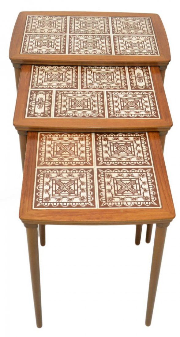 (3) DANISH TILE TOP TEAKWOOD NESTING TABLES: (lot of 3) Danish mid-century modern teakwood nesting tables, c. 1960, each with tile top, on tapered legs, largest: 20.5"h, 20.5"l, 15.25"d Start Price: $150.00