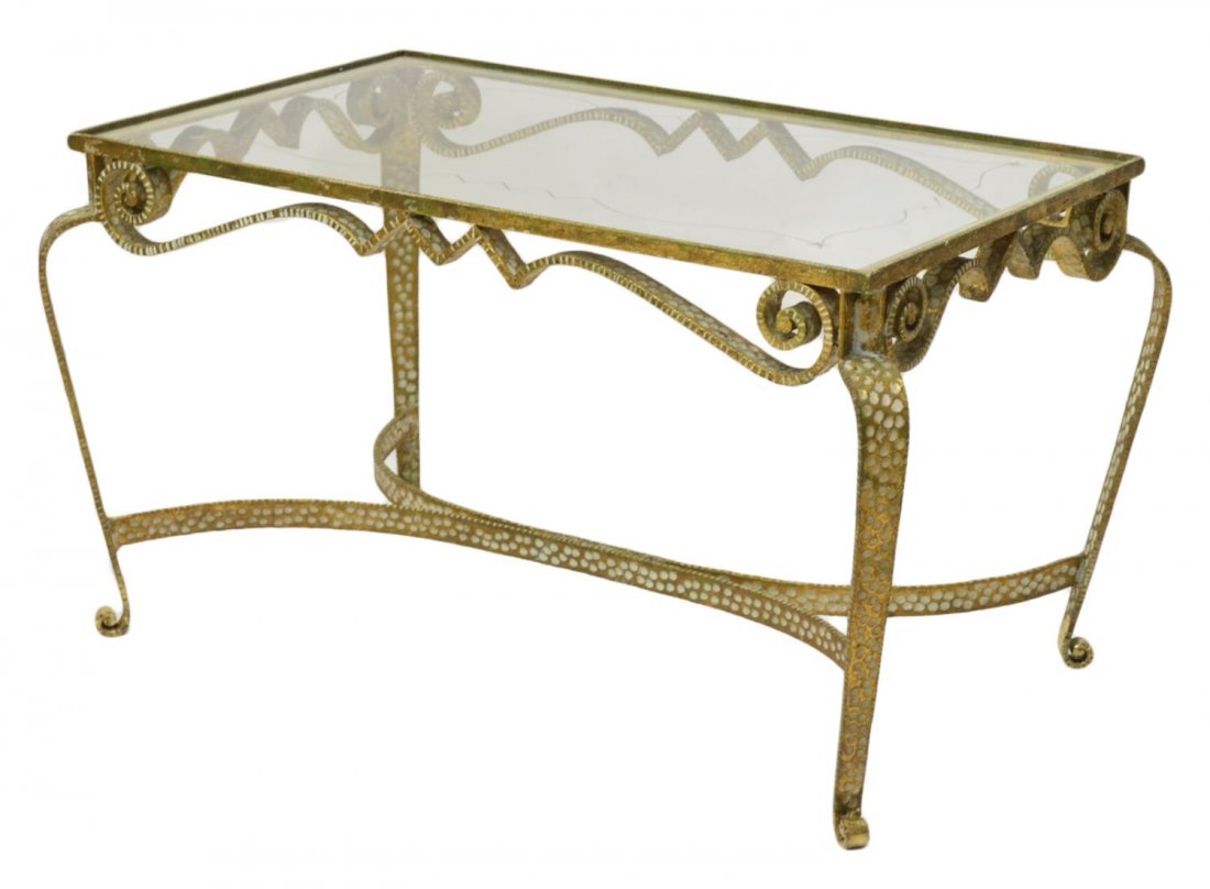PIERLUIGI COLLI IRON & ETCHED GLASS SOFA TABLE: Italian glass and iron coffee table, design by Pierluigi Colli (Italian,1895-1968), 1930's / 40's, gilded iron frame with white textured dot design having scrolled accents, inset glass top with etched