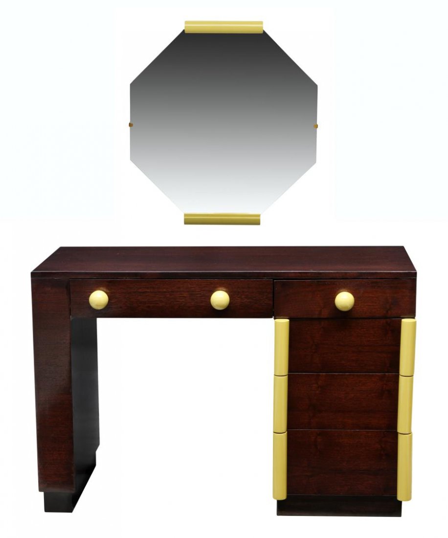 (2) MID-CENTURY VANITY & MIRROR, GILBERT ROHDE: (lot of 2) Cavalier Furniture Company vanity and mirror, design by Gilbert Rohde (American, 1894-1944), the mirror of octagonal form, above the vanity with a frieze drawer over the kneehole, a pedesta