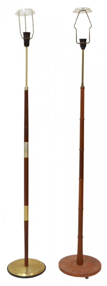 (PAIR) DANISH MID-CENTURY TEAKWOOD FLOOR LAMPS: (pair) Danish mid-century modern teakwood floor lamps, one with gilt metal bands and base, each raised on circular base, in need of wiring, largest: 61.25"h, 10.75"diam Start Price: $150.00