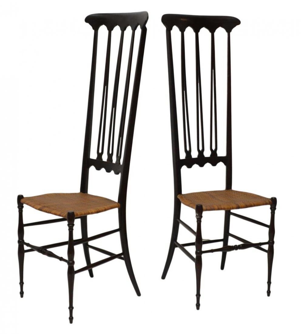 (PAIR) ITALIAN CHIAVARI HIGHBACK CANED HALL CHAIRS: (pair) Chiavari side chairs, Italy, c. 1960's, each wood frame in a mahogany finish, having high back with over tightly woven cane seat, approx 49.5'h, 15.5"w, 16"d Start Price: $200.00