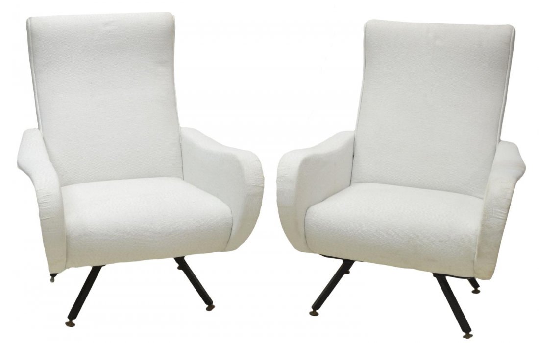 (PAIR) ITALIAN MID-CENTURY MODERN HIGHBACK CHAIRS: (pair) Mid-century modern armchairs, design by Marco Zanuso (Italian, 1916-2001), c. 1960, similar to the 'Lady' chair, each in recent upholstery, with high curved back, steel legs end on disc feet, s