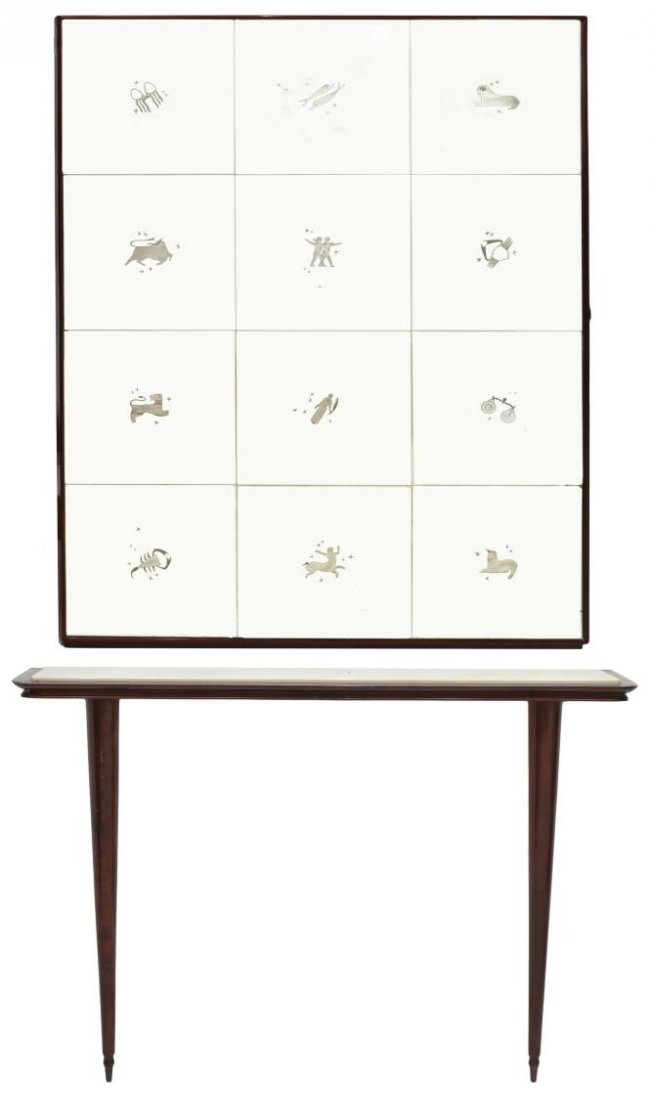 ITALIAN MIRRORED 1950'S CONSOLE, GUGLIELMO ULRICH: Italian mirrored wall console table, c. 1950, design attributed to Guglielmo Ulrich (Italian, 1904-1977), a large rectangular mirror with etched symbols resting on the marble top table with tapered tu