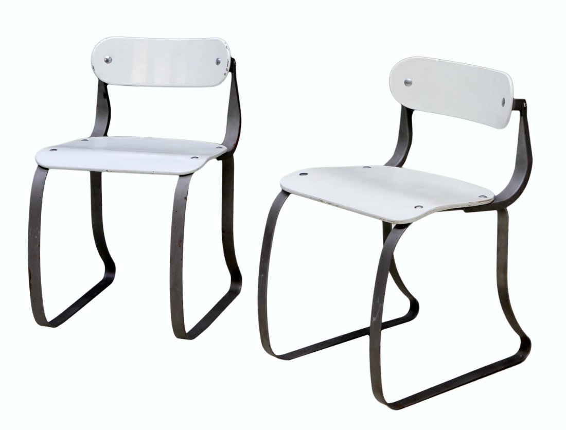 (PAIR) MID-CENTURY 'HEALTH' CHAIRS, H. SPERLICH: (pair) Mid-century modern 'health' chairs, design by Herman Sperlich (American) for The Ironrite Ironer Co., Detroit, Michigan, lacquered wood adjustable curved back and seat, steels supports, overall