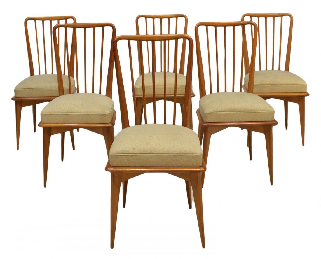 (6) ITALIAN SPINDLED CHAIRS, MANNER OF PAOLO BUFFA: (set of 6) Italian design dining room side chairs, in manner of Paolo Buffa (Italian, 1903-1970), c. 1940's / 50's, spindled back rest and upholstered seat, rising on tapered cylindrical legs, 35.5"h,