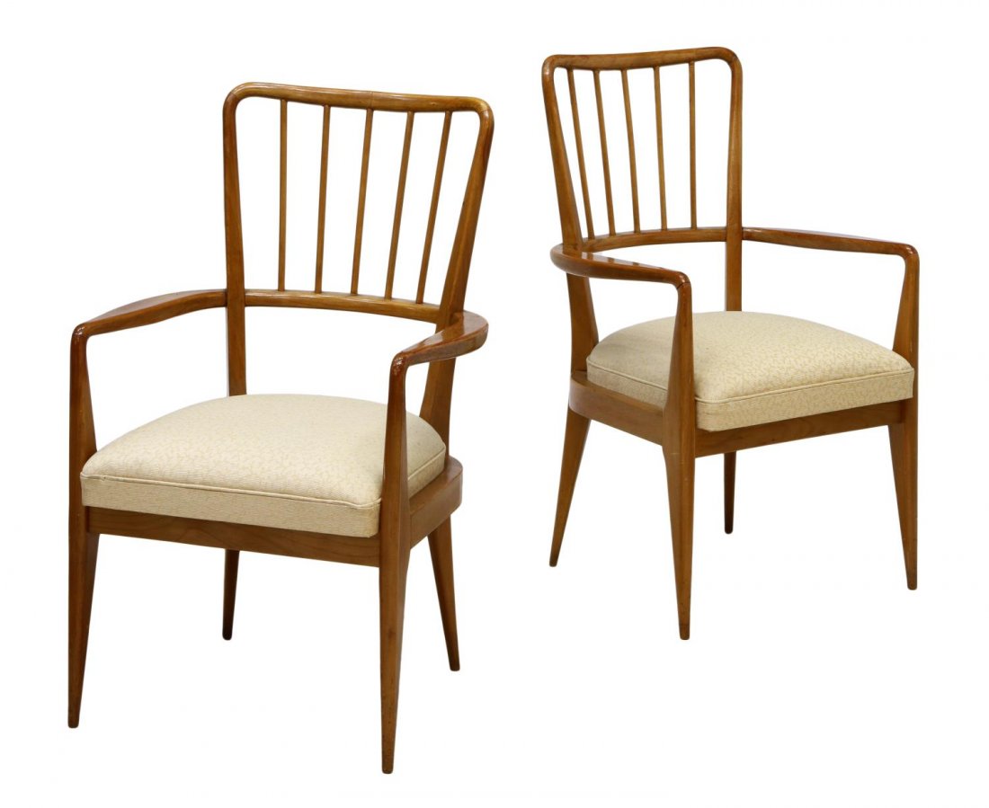 (PAIR) ITALIAN SPINDLED CHAIRS, MANNER OF P. BUFFA: (pair) Italian design armchairs, in manner of Paolo Buffa (Italian, 1903-1970), c. 1940's / 50's, spindled back rest and upholstered seat, rising on tapered cylindrical legs, 36"h, 22"w, 17"d Start Pr