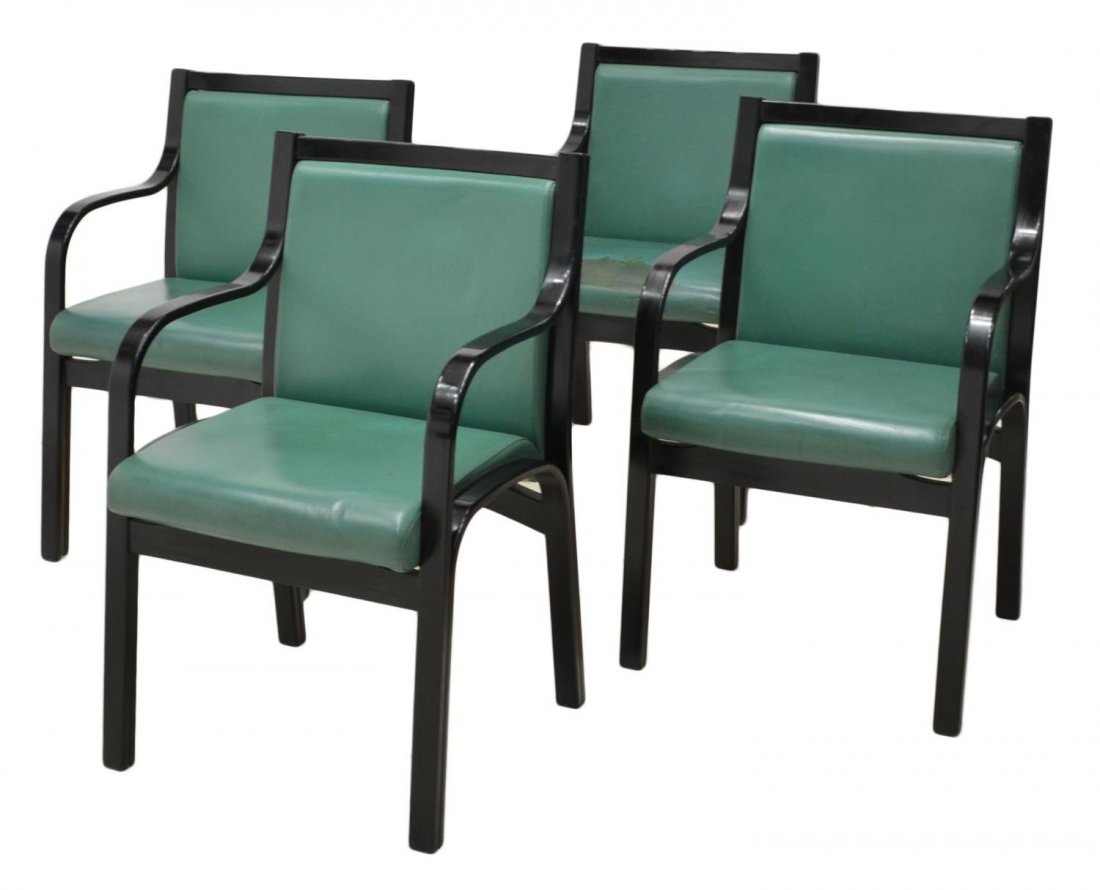 (4) ITALIAN POLTRONA FRAU MODERN ARM CHAIRS: (set of 4) Italian design dining room chairs, Poltrona Frau, c. 1970, black wood arm chairs having green upholstery, one with large stain to seat, approx 33.25"h, 21"w, 18"d Start Price: $300.00