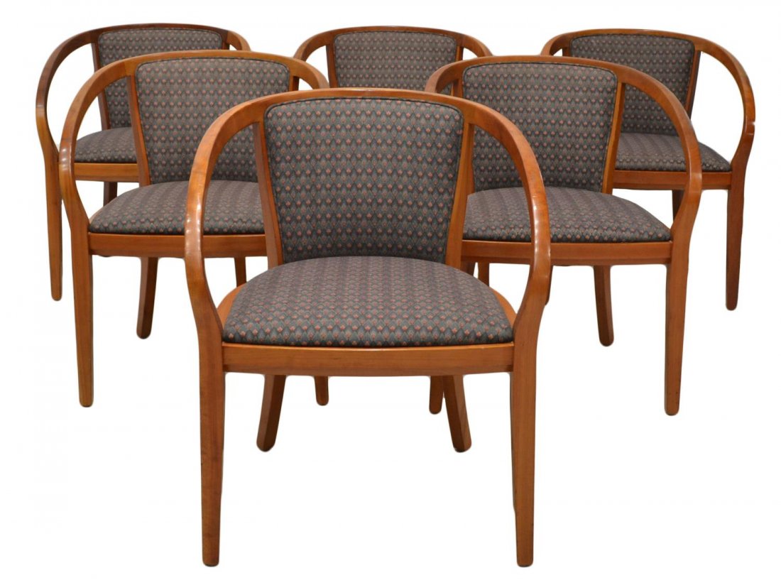 (6) WARD BENNETT FOR BRICKEL MODERN ARM CHAIRS: (lot of 6) Modern arm chairs, design by Ward Bennett (American, 1917-2003) for Brickel Associates, NY, curved back cherrywood bentwood frame with pink diamond on blue upholstery, tapered square legs,