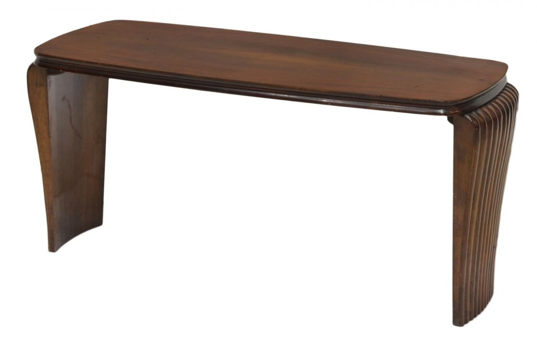 ITALIAN MID-CENTURY COFFEE TABLE, VITTORIO DASSI: Mid-century modern walnut low table, Lissone, Italy, c. 1950, design by Vittorio Dassi (Milan, 1893-1973), matched walnut top, raised on reeded supports, small veneer loss at edges, approx 15"h, 32.5"