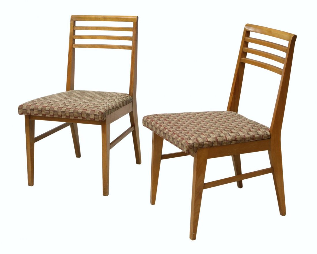 (PAIR) MID-CENTURY MODERN CHAIRS, HERMAN MILLER: (pair) Mid-century modern wood side chairs, design attributed to Gilbert Rohde (American, 1894-1944) for Herman Miller, curved backs with upholstered seats, raised on tapered supports, 32"h, 19"w, 18.