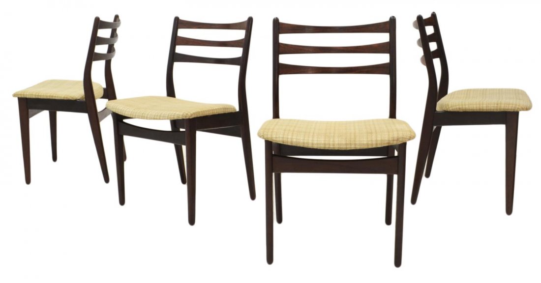 (4) DANISH MID-CENTURY ROSEWOOD DINING CHAIRS: (set of 4) Danish mid-century modern rosewood dining chairs, the ladder back over an upholstered seat, raised on tapered legs, one engraved made in Denmark on the underside, wear to upholstery, 31.75"