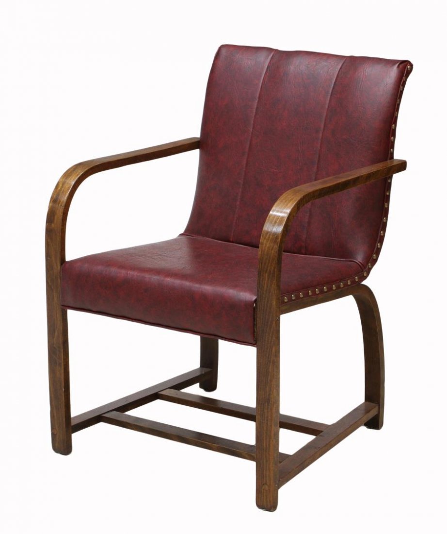 HEYWOOD-WAKEFIELD, ROHDE, MODERN ARM CHAIR: Heywood-Wakefield arm chair, design by Gilbert Rohde (1894-1944), retail #C-2601-C, a walnut bentwood frame arm chair with later dark red vinyl upholstery, 32.25"h, 22.25"w, 21"d ***Reference: "Design