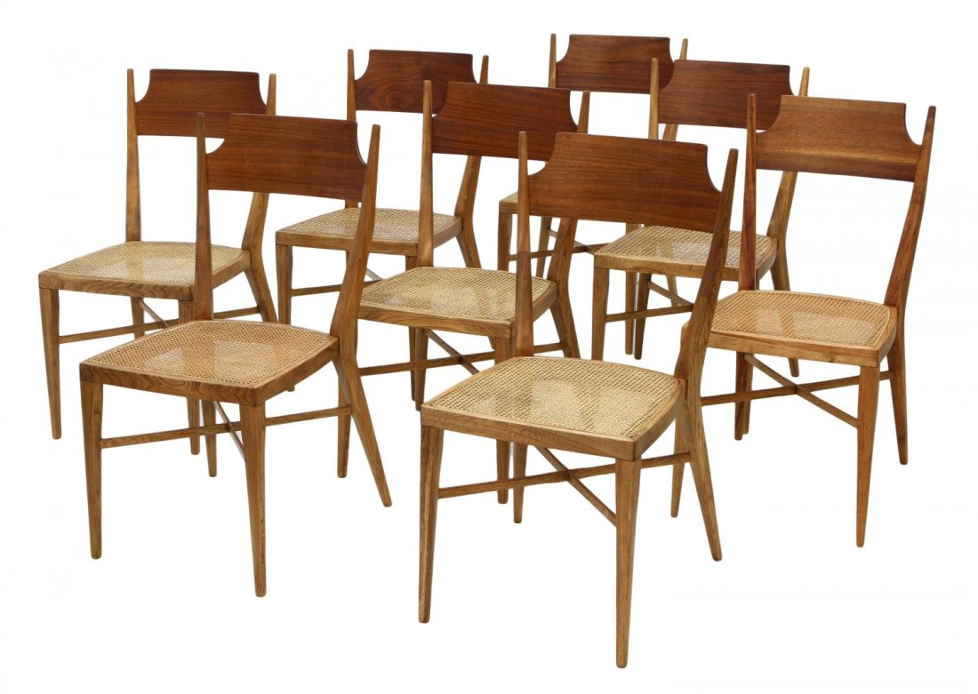 (8) PAUL MCCOBB MID-CENTURY MODERN WOOD CHAIRS: (set of 8) American mid-century-modern wood side chairs, design by Paul McCobb (1917-1969) for Calvin, Cedar Rapids, Iowa, shaped curved back and caned seat, raised on tapered legs joined by X form st