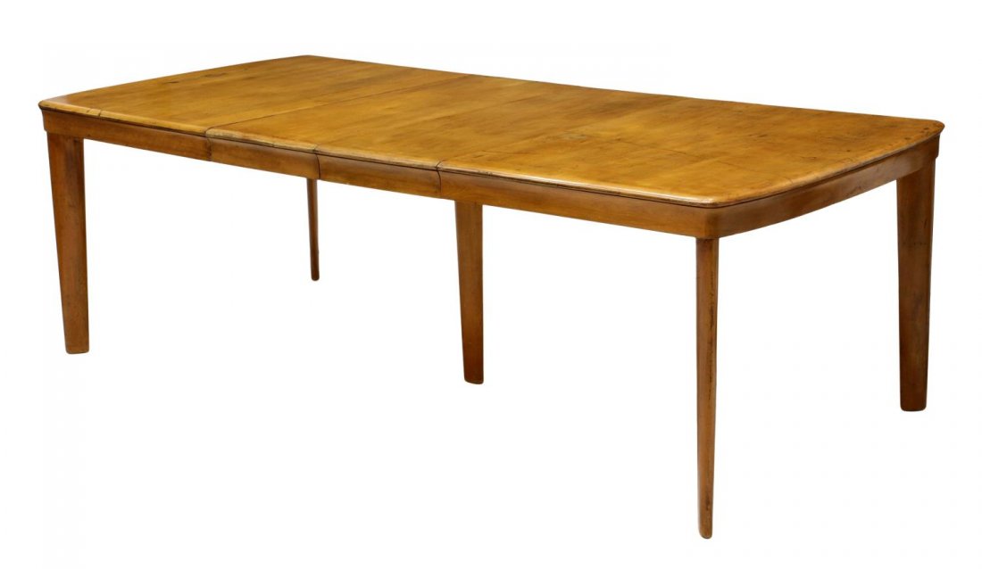 HEYWOOD-WAKEFIELD DINING TABLE & LEAVES: Heywood-Wakefield dining table, rectangular with two 15" skirted leaves, rising on five tapered oval form legs, scratches and finish loss at top, with leaves: 90"l, without leaves: 29"h, 60"l, 42"d St