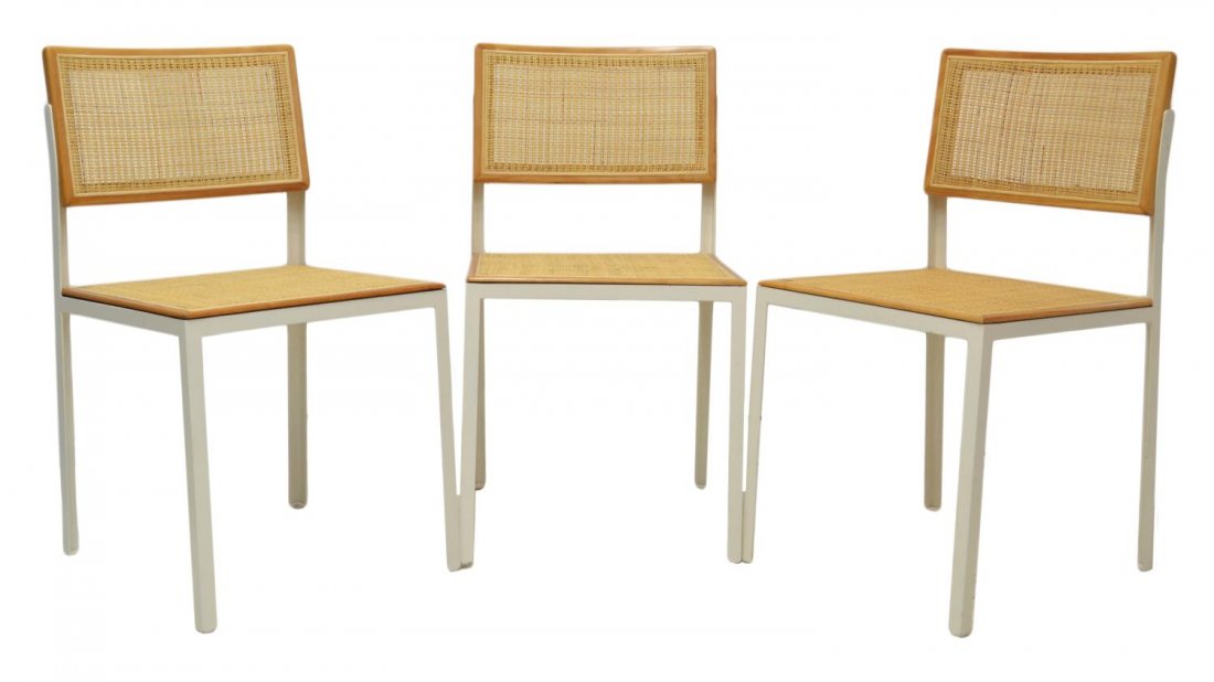 (3) HERMAN MILLER MID-CENTURY MODERN SIDE CHAIRS: (set of 3) Mid-century modern side chairs, design by George Nelson (American, 1908–1986) for Herman Miller, Zeeland, Michigan, caned seat and back enclosed in birch wood frame, enameled steel suppor
