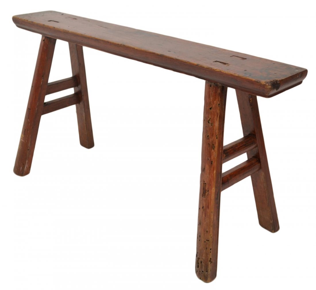 DANISH ANTIQUE PINE BENCH: Danish antique pine bench, the legs joined to the top with mortise and tenon construction, 19"h, 36.75"w, 12"d Start Price: $60.00