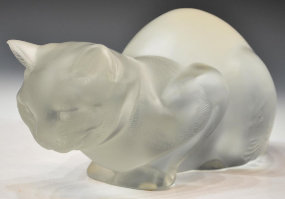 LARGE LALIQUE FRANCE FROSTED CRYSTAL CAT FIGURE: Large Lalique frosted crystal crouching cat, signed underfoot, very minute flake to back as pictured, approx 9"l, 8.75lbs *Provenance: The estate of Douglas B. Marshall (1917-2007) and his wife, Marga