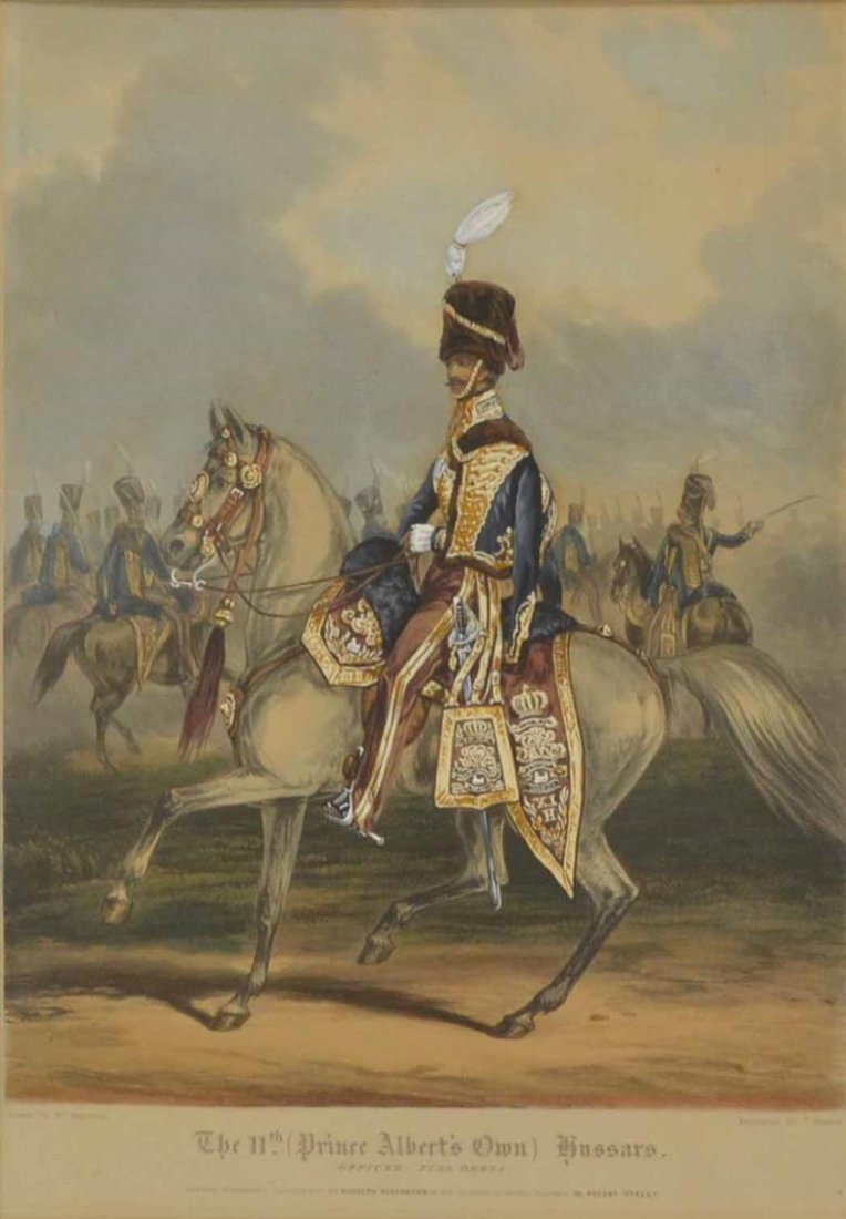 ENGRAVING, "THE 11TH HUSSARS", AFTER H. MARTENS: Framed colored engraving on paper, "The 11th (Prince Albert's Own) Hussars", after the drawing by Hy. Martens (Henry Martens, British, fl. 1829-1860), engraved by J. Harris (John Harris, British, 19th