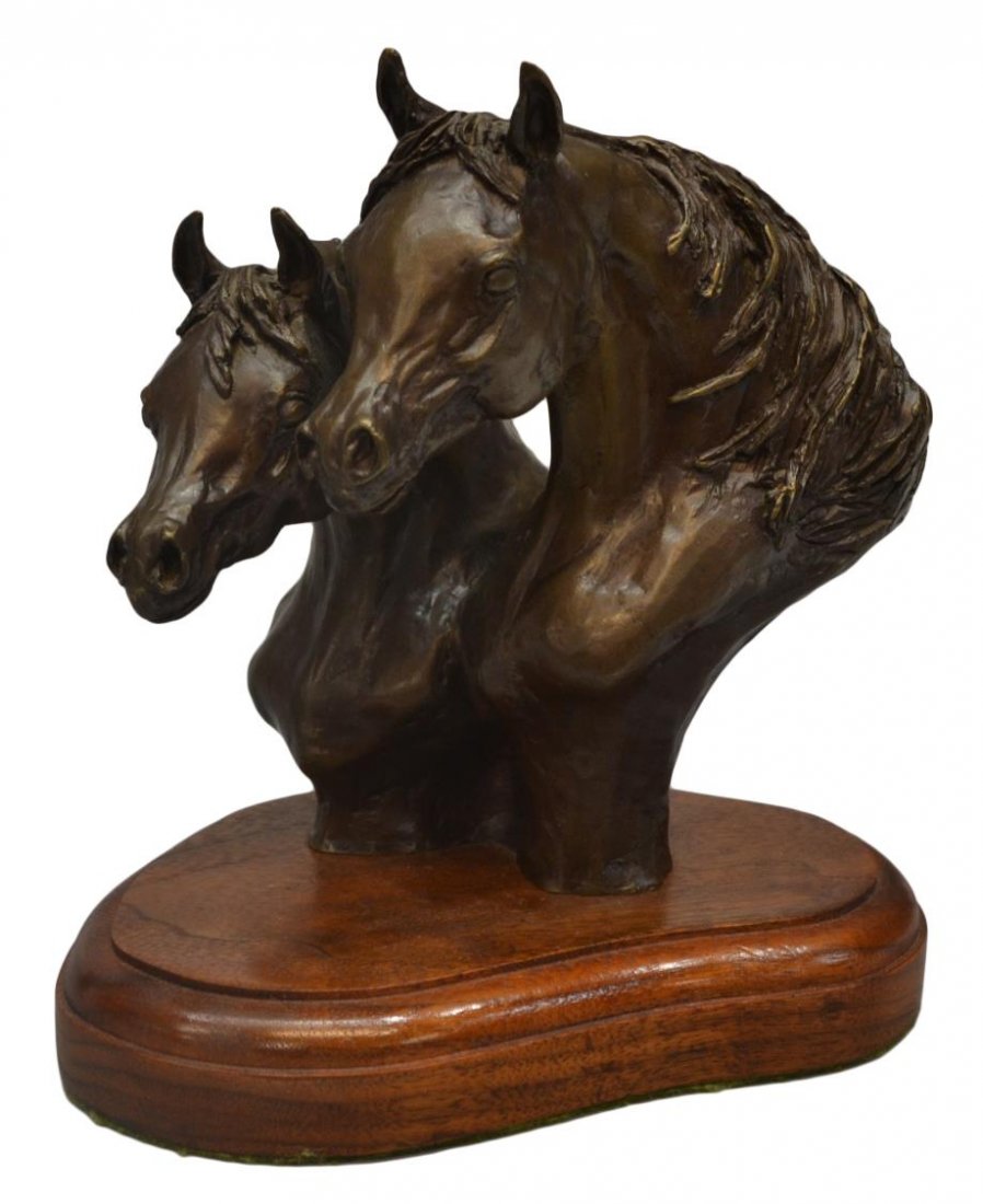 BRONZE BUST, TWO HORSES, MAIDEN BRONZE FOUNDRY: American limited edition patinated bronze sculpture, Bust of Two Horses, signed Lynn, numbered 2/25, copyright 1982, Maiden Bronze foundry mark, Walla Walla, WA, on a wood base, sculpture: 6.5"h, 7"w,