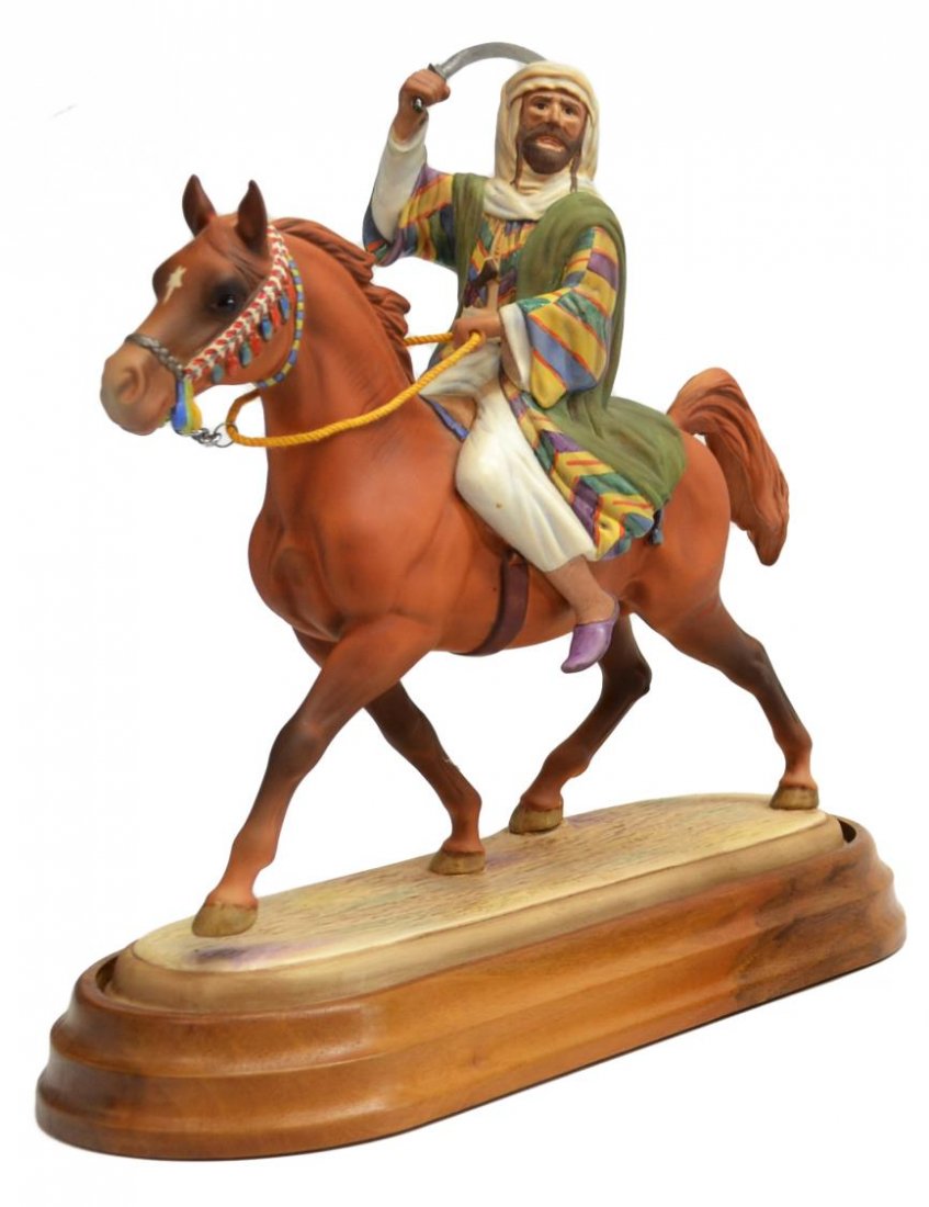 SCARCE BESWICK PORCELAIN GROUP, 'BEDOUIN ARAB': Scarce Beswick porcelain figural group, 'Bedouin Arab', 2275, marked Beswick England underfoot, on a wood base, approx 11.5"h, 12"w, 4"d (inclusive of base), 3.5lbs *Provenance: The estate of Douglas 