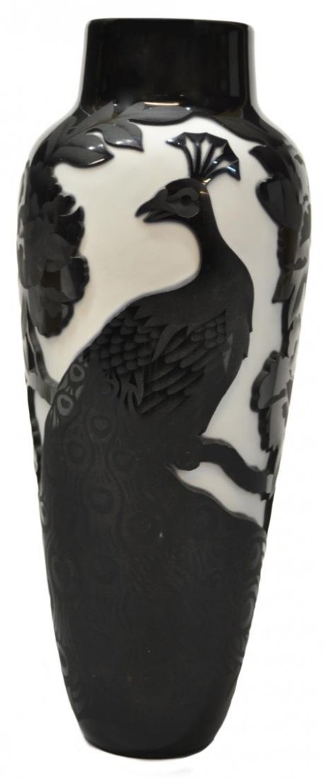 VALERIE SURJAN PEACOCK CAMEO ART GLASS VASE: Cameo art glass vase, Valerie Surjan (California, 20th c.), cut and etched in black, a peacock perched amid blooming flowers, on a white 'blank' by Michael Nourot, signed underfoot Valerie Surjan / No